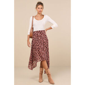 Lulus Elevated Exception Brown Floral Asymmetrical Midi Skirt - Size S